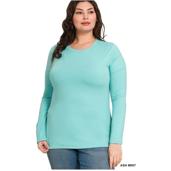 Zenana Buttery Soft Ash Mint Plus Microfiber Long Sleeve Tee - Picture 1 of 1